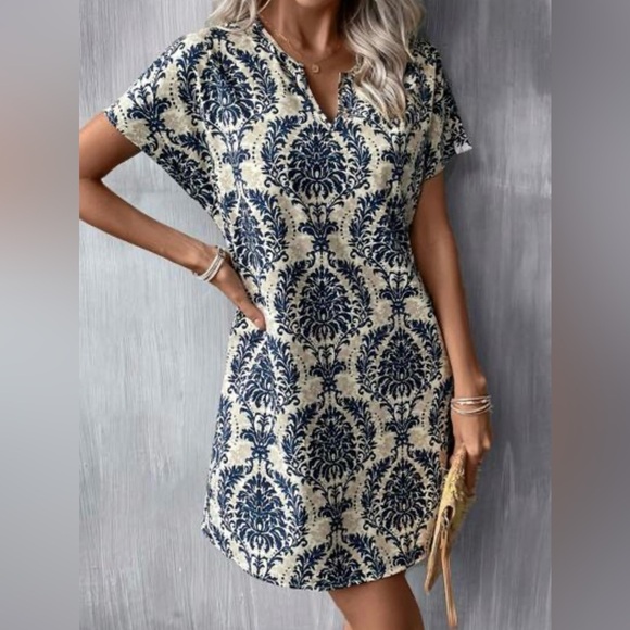 Emery Rose Blue Damask Print Split Neck Cap Sleeve Shealth Dress Women's Size XL - Picture 1 of 5